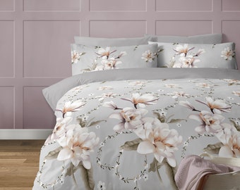 Large White Floral Print Duvet Cover Set On A Light Grey Background. Anemone Flower Pure Lux Design.