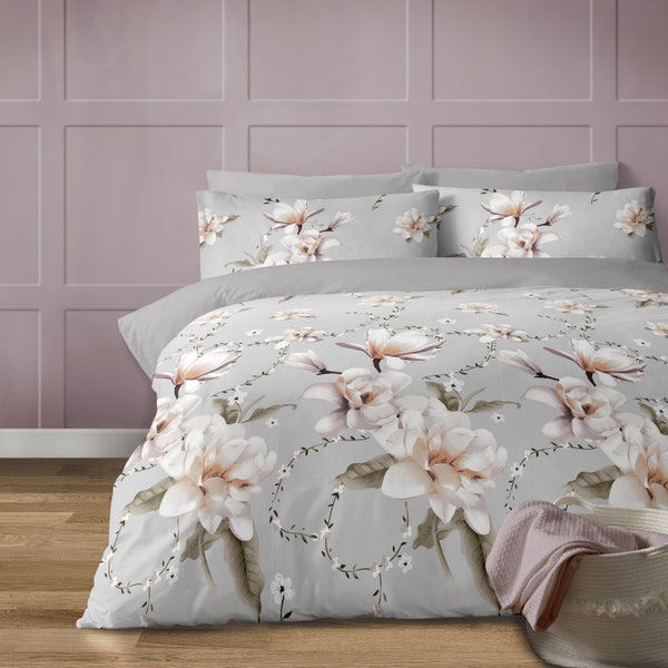 Large White Floral Print Duvet Cover Set On A Light Grey Background. Anemone Flower Pure Lux Design.