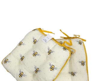 Honey Bee Cotton Seat Pad in Cream With Bee and Polka Dot Design. Pom Pom Edge. Available in 2 Pack or 4 Pack