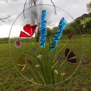 Rainbow Poppy and Wildflower 10 inch Round Suncatcher