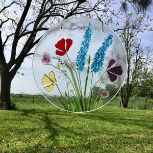 Rainbow Poppy and Wildflower 8 inch Round Suncatcher