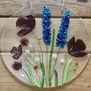 Purple Poppy and Wildflower 8 inch Round Suncatcher