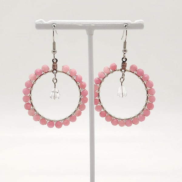 Dyed Pink Jade Wire-Wrapped Loop Earrings with Crystal Drops