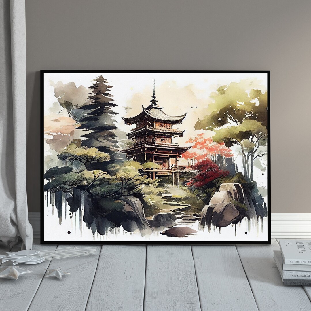 Japanese Landscape Wall Art Water Color Painting Japanese Etsy