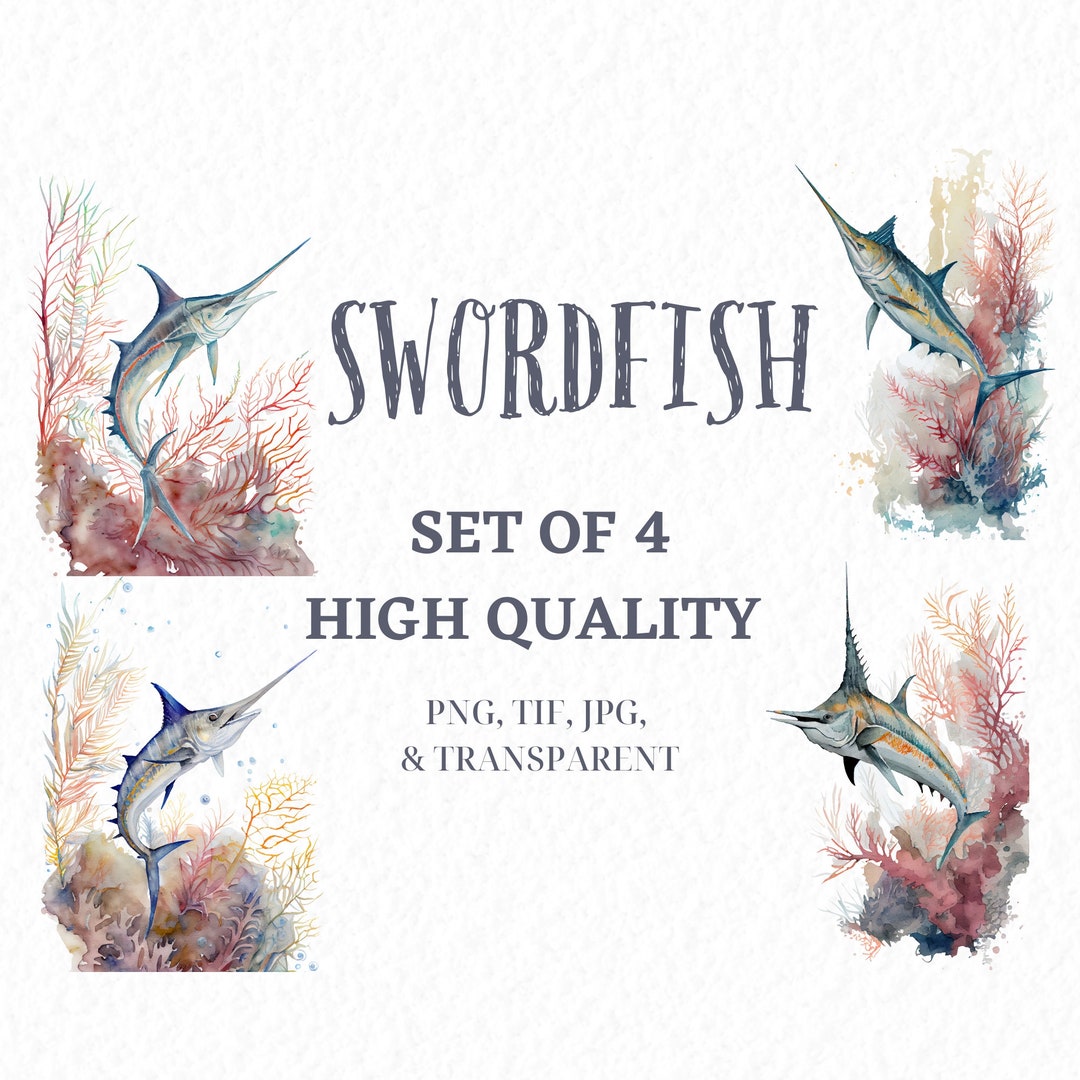 Watercolor Swordfish Clipart Set of 4 Printable Watercolor Etsy Canada