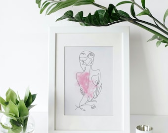 Stampa artistica di figura femminile boho: silhouette floreale rosa tenue (download digitale)