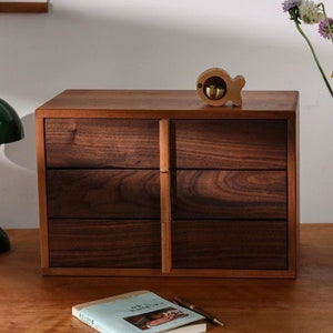 Solid Cherry Walnut Wood Organizer with Drawers, Desk Office File Organizer, Extra Large Keepsake Memory Box, Wooden 3 Layer Desktop Storage