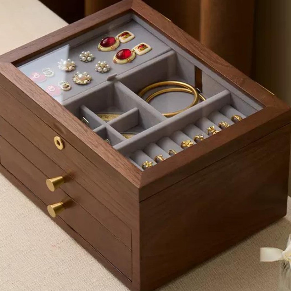 Multiple Types of Glass Lid Large Jewelry Box Lockable With Drawer, Jewelry Holder, Jewellery Organizer Case, Wedding Gift, Best Friend Idea - Etsy