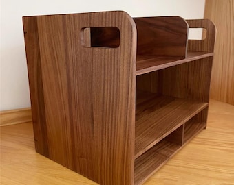 Solid Walnut Wood Office desk accessories organizer, Document Books Stationery holder for desk, Desktop storage shelf, Magazine rack table