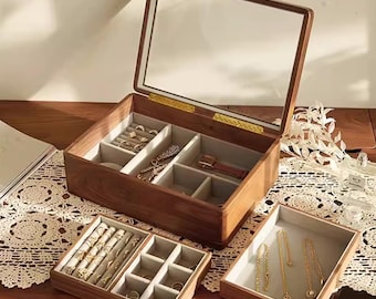 Glass Top Solid Walnut Wood Watch Box Unique Jewelry Box Functional Storage Watch Container Vintage Couple Gift Jewelry Watch Box Container