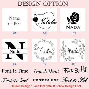 Op de afbeelding: Afbeelding met ontwerpopties voor gepersonaliseerde items. Het bevat verschillende tekst- en grafische combinaties, waaronder een hart met de naam "Natalie", een roos met "NADA" en een gestileerde letter "N" met "Nada". Er worden ook lettertype-opties weergegeven.