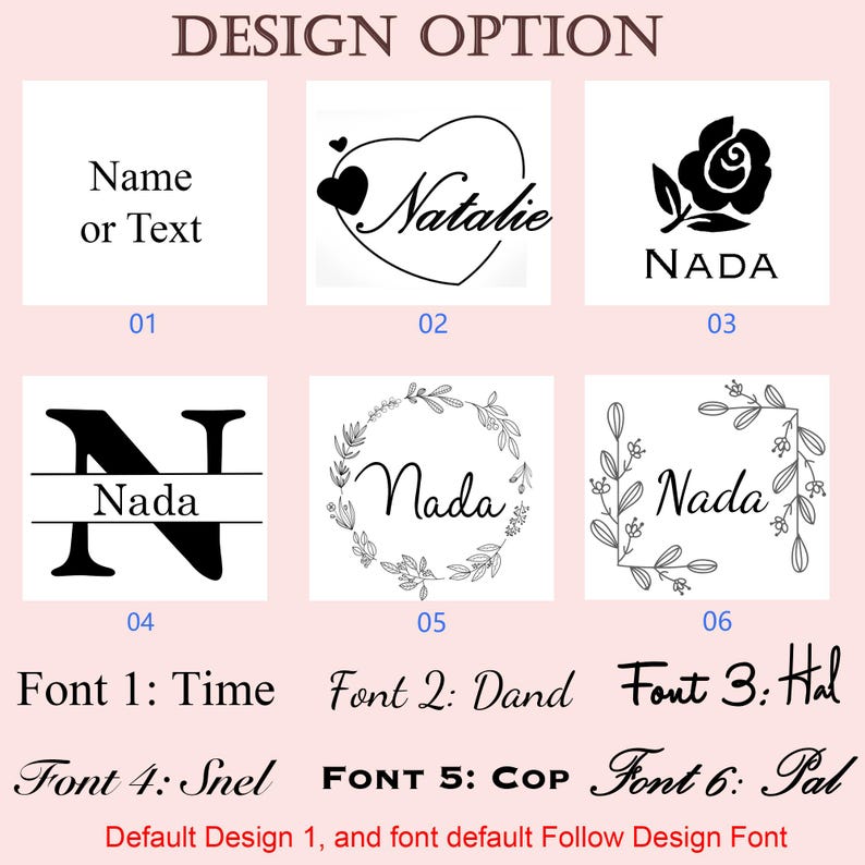 Op de afbeelding: Afbeelding met ontwerpopties voor gepersonaliseerde items. Het bevat verschillende tekst- en grafische combinaties, waaronder een hart met de naam "Natalie", een roos met "NADA" en een gestileerde letter "N" met "Nada". Er worden ook lettertype-opties weergegeven.