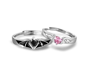 Handmade Angel Devil Matching Ring Set, Silver Couple Rings,Angel Demon Rings, Matching Promise Rings for Couple, Couple gifts