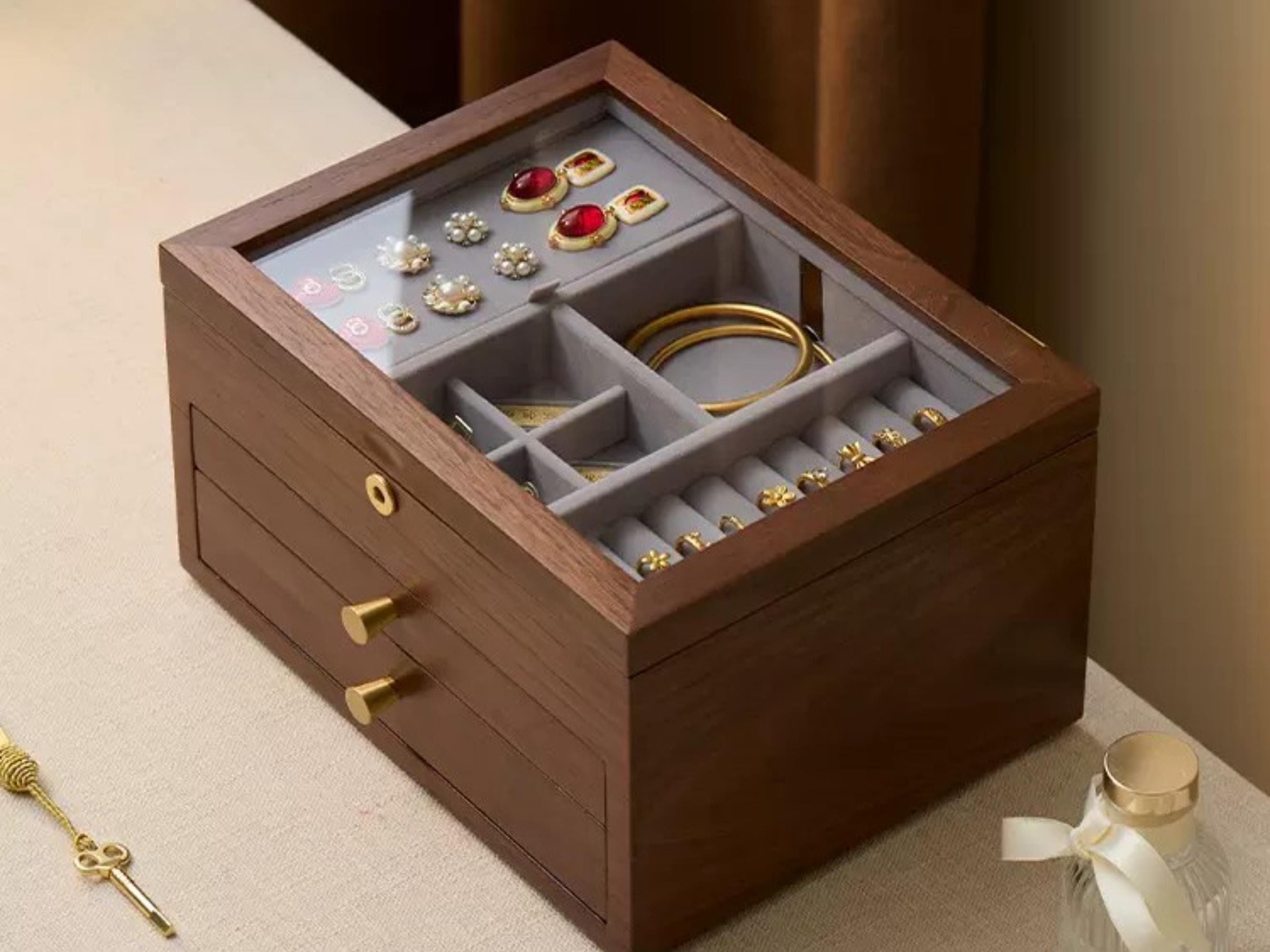 Multiple types of Glass Lid Large Jewelry Box Lockable with Drawer, Jewelry Holder, Jewellery Organizer Case, Wedding Gift, Best Friend Idea