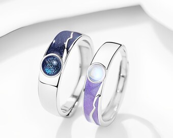 Engrave Galaxy Star Silver resin Couple Matching Rings.his and hers Rings. promise Statement Ring set. personalized gift