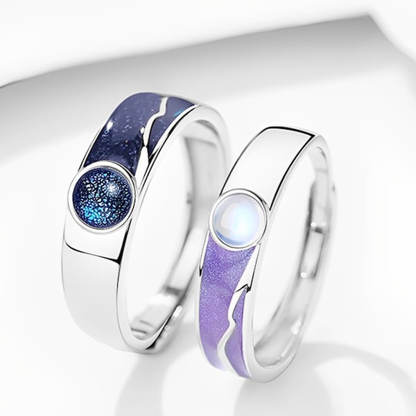 Engrave Galaxy Star Silver resin Couple Matching Rings.his and hers Rings. promise Statement Ring set. personalized gift