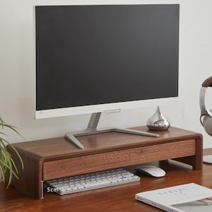 Estante de escritorio de nogal macizo con cajón de almacenamiento, soporte para monitor de escritorio de madera, estante de madera para monitor, regalo personalizado para hombre, hijo y padre