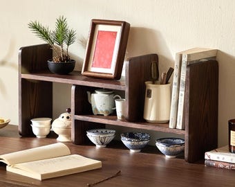 Wood Desktop Coffee &Tea Cup Organiser adjustable, Table Top Book Stationery shelf, Coffee Storage Rack, Mug shelf, Functional Storage Shelf
