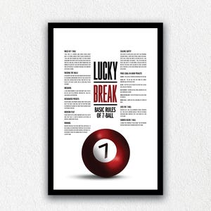 May include: A framed poster with a black border. The poster features the text "Lucky Break Basic Rules of 7-Ball" and a red and white 7-ball. The background is white, and the text is black.