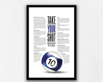 Pool Game Printable| Ten Ball | Rules of Ten Ball | Billiards | Digital Downloadable | Game Print | Wall Art | Printable Wall Decor