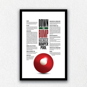 Könnte beinhalten: Ein gerahmtes Lehrplakat mit dem Titel Down to Bump Basic Rules of Bumper Pool. Der Text ist in Schwarz, Grün und Rot auf weißem Hintergrund gedruckt und erläutert die Spielregeln. Unten befindet sich eine große rote Billardkugel mit weißer Mitte.