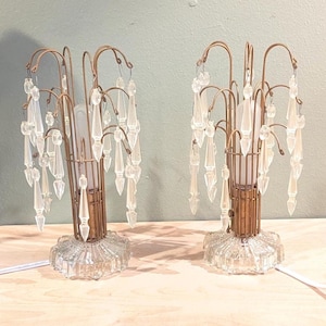 Vintage Hollywood Regency Pair Art Deco Waterfall Table Lamp Prism Crystal Chandelier Gold Tone Cascading Gift Present Movie Tv Show Prop