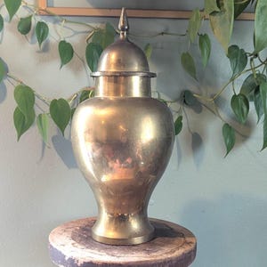May include: A gold-colored, antique-style vase with a lid and a pointed finial. The vase is displayed on a small, round wooden stand. Trailing green vines with heart-shaped leaves are in the background.