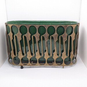 Rare Vintage MCM Sierra Columbia Green Ceramic Pottery Planter Brass Geometric Abstract Art Deco Plant Pot Unique Ornate Housewarming Gift