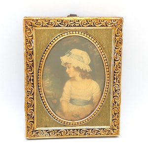 Vintage Photo Tin Wood Photo Framed Ornate Childs Picture Wall Hanging Art Antique Small Mini Metal Victorian Room Decor Nursery Little Girl