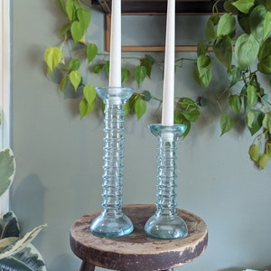Vintage Handmade Hand Made La Mediterranean Recycled Glass Ribbed Candlestick Holders Candle Stick Tall Modern Pair Matching Set 2 Gift