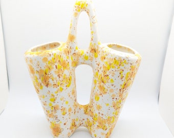 Vintage MCM Splatter Double Vase Ceramic Speckled Yellow Orange Multicolor Miss Century Modern Handmade Picnic Utensil Holder Gift