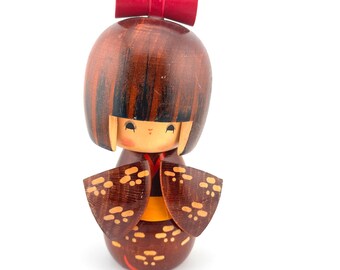 Vintage Kokeshi Wood Doll Figurine Kimono Asian Bow Small Wooden Cute Mini Chinese Gift