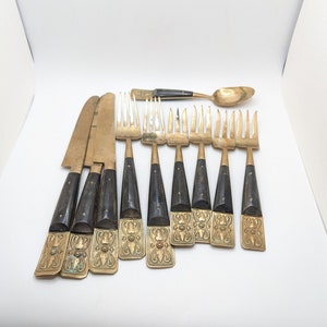 Vintage Mid Century Modern Siam Royal Thailand Spoon Knife Fork Set Flatware MCM Brass Teak Wood Knives Present Gift Rare Matching
