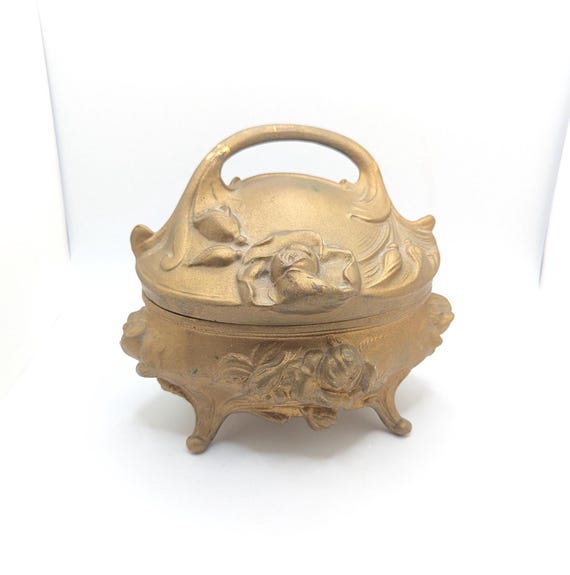 Antique Brainerd  & Wilson Art Nouveau Footed Jewelry Box Lined Gold Rose Flower Ornate Ormolu French Decorative Vanity Christmas Gift Wife