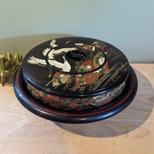 Vintage Lazy Susan Asian Bento Box Laquerware Nesting Crane Pelican Red Black Original Plates Sushi MCM Mid Century Modern Christmas Gift