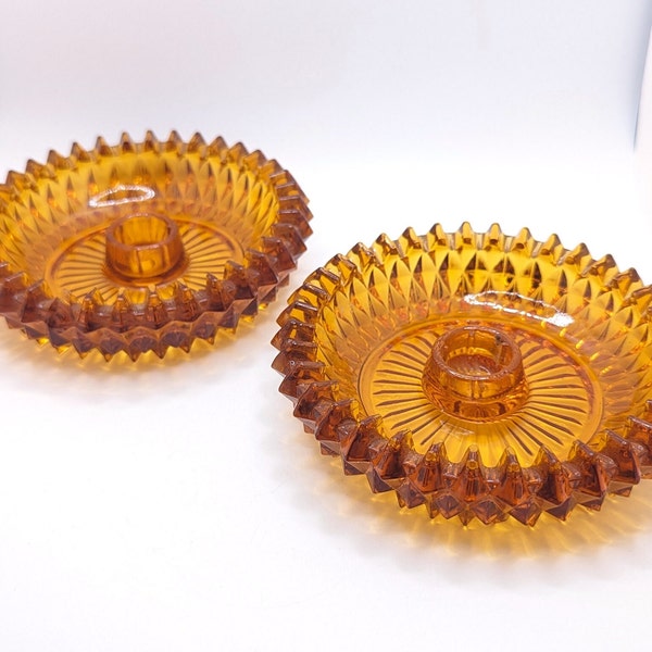 Vintage Indiana Amber Glass Diamond Point Candlestick Holders Holder Taper Matching Set Rare Pair Two 2 Mantle Decor Holiday Depression Gift