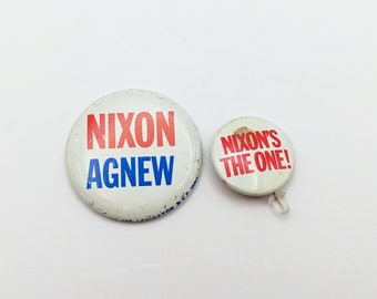 Two Vintage 1968 Nixon Presidential Election Buttons Nixons The One Agnew, President, Watergate, White, Red, Blue