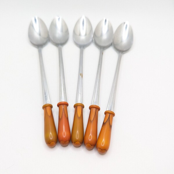 Rare 5 Vintage Bakelite Ice Tea Coffee Spoons Spoon Set Dessert Orange Yellow Art Deco MSCO Chrome Matching Gift Kitchen Present