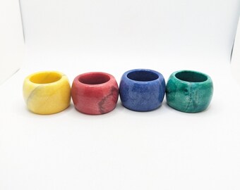 Set of 4 Stunning Vintage Natural HEAVY Stone Colorful Napkin Rings Blue Yellow Red Green Dining Party Host Gift Present Housewarming