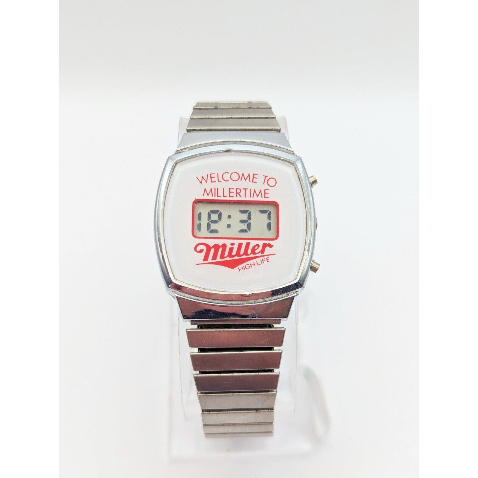 希少 正常動作品 アメリカ製 Miller Beer HIGH LIFE 時計 Vintage Digital Miller High Life Watch Silver Tone Beer Collector