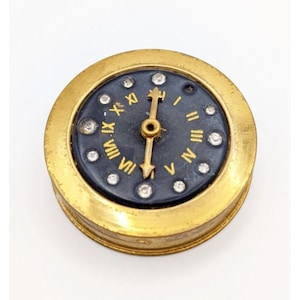 Vintage Pill Box Manual Clock with Rhinestones Gold Tone Gift for Collector Purse Items Collectable Medicine Gift for Wife Mother Girlfriend