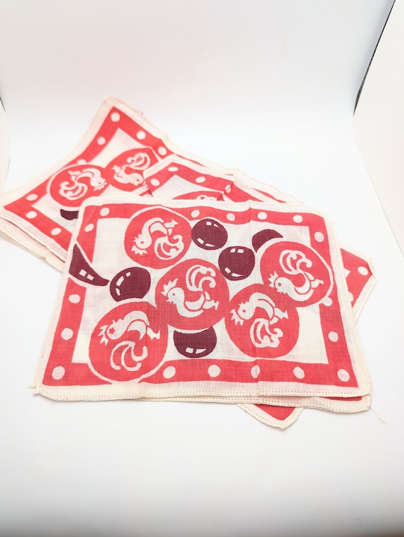 5 Vintage Funky Handmade Chicken Red Handkerchiefs