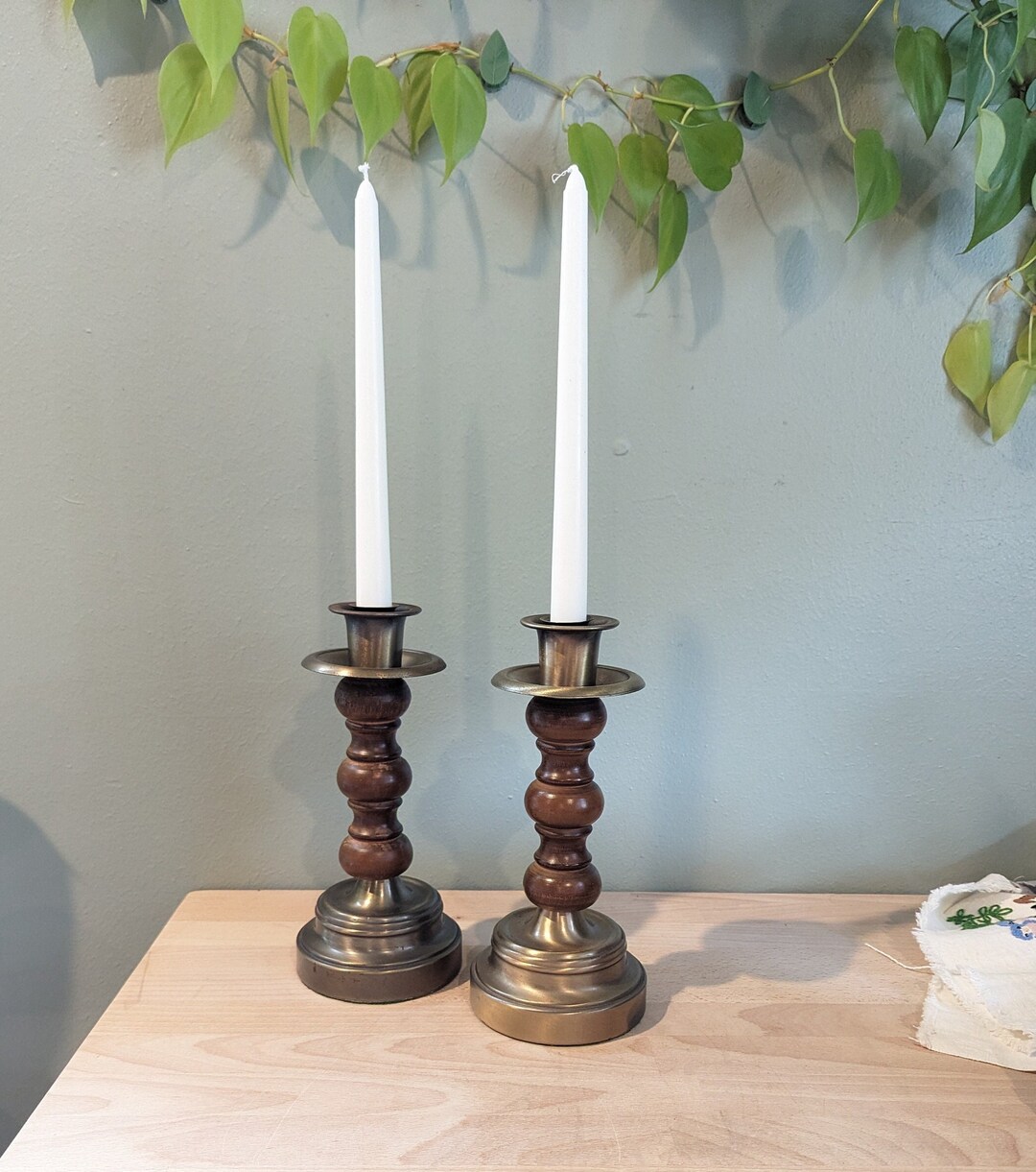 Set of 2 Two Vintage Chunky Large Brass Wood Candlestick Holder