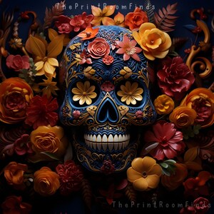 May include: A blue and gold sugar skull with intricate floral designs surrounded by colorful flowers. The skull is a traditional symbol of Day of the Dead.
