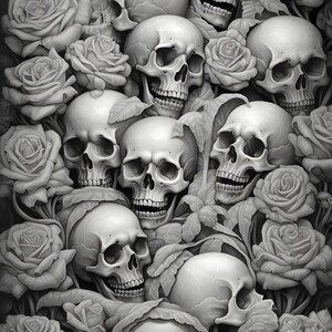 Könnte beinhalten: Eine Schwarzweißillustration eines Schädels, umgeben von Rosen. Die Schädel sind in einer Gruppe angeordnet und von Rosen umgeben. Das Bild ist ein Design im gotischen Stil.