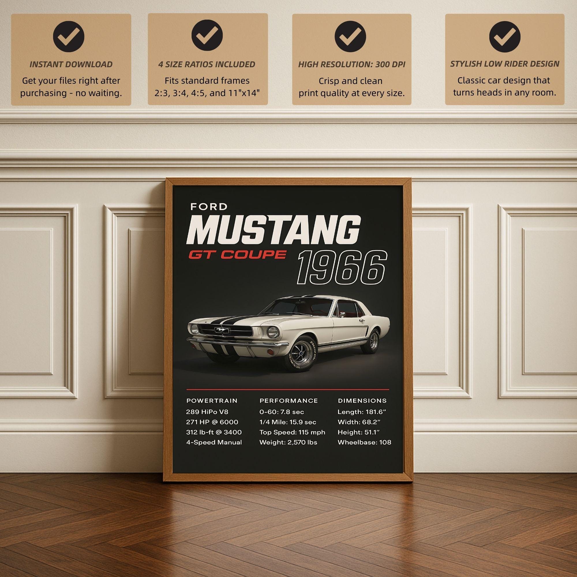 1966 Ford Mustang Car Specs Poster – Classic American Car Poster
