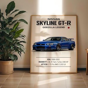 Puede incluir: Un póster enmarcado con un Nissan Skyline GT-R azul, también conocido como Godzilla. El póster incluye la información del modelo del coche: R34, 1999-2002, RB26DETT 2.6L I6 Twin-Turbo, 280 CV, ATTESA E-TS Pro AWD, y 1430 kg.