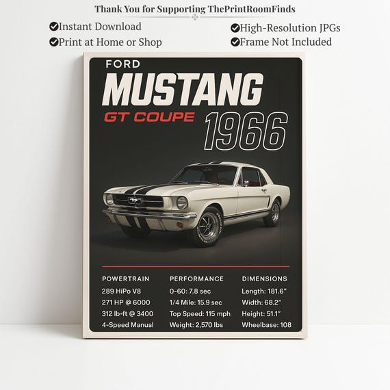 FORD　VintagePoster 1966 Ford Mustang Car Specs Poster – Classic American Car Poster