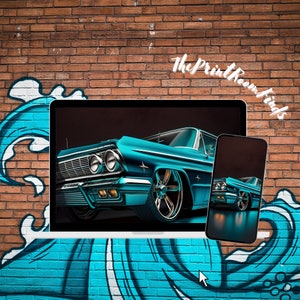 Digital Print Turquoise Chevy Impala Classic 1964 Low Rider Profile Shot,Perfect Wall Decor for Car Enthusiasts and Vintage Collectors image 4