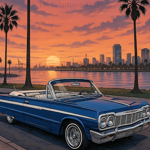 1964 Impala Lowrider Art Print: Retro Chevy Socal Sunset (digital